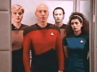 Troi with Picard, Data and Yar