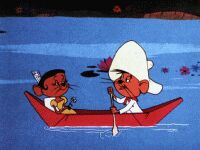 Speedy and his friend in a boat 