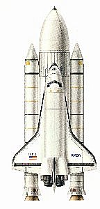 Enterprise class space shuttle in launch configuration with external fuel tank and solid rocket booster