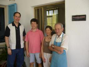 Outside the Alessandrini Accordion factory entrance (founding father, son (Tonino - the owner) and daughter - Daniela). 