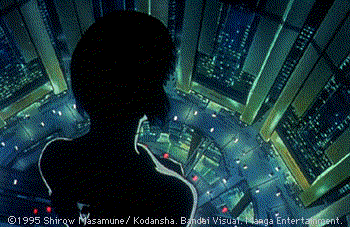 Kusanagi, going up the elevator to the control
tower looking into the city below