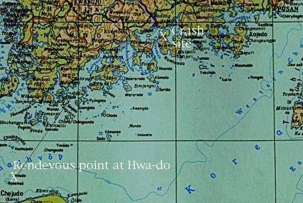 A map of the south coast of Korea.  The 'X' shows where the plane crashed on Namhae Island.