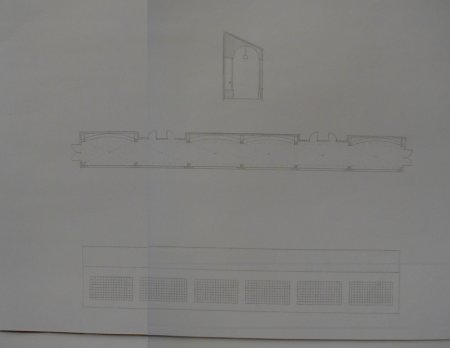 Hand drawn elevation, plan, and cross section