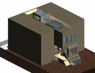 A computer axonometric rendering showing back side of the building and its context