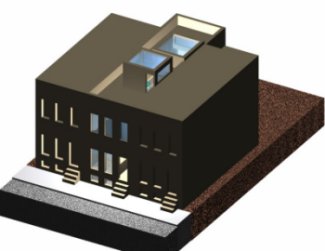 A computer axonometric rendering showing front side of the building and its context