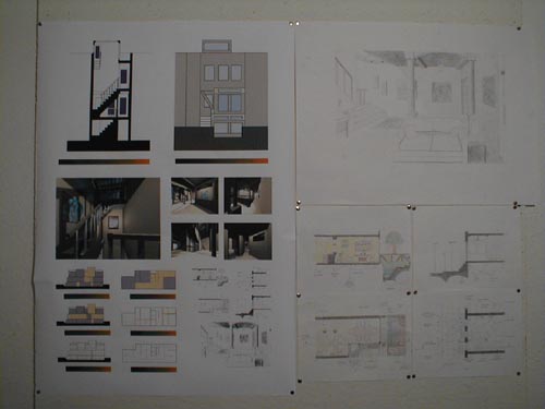 computer panel #3 along with a hand-drawn perspective and four detailed plans and sections of the front and rear