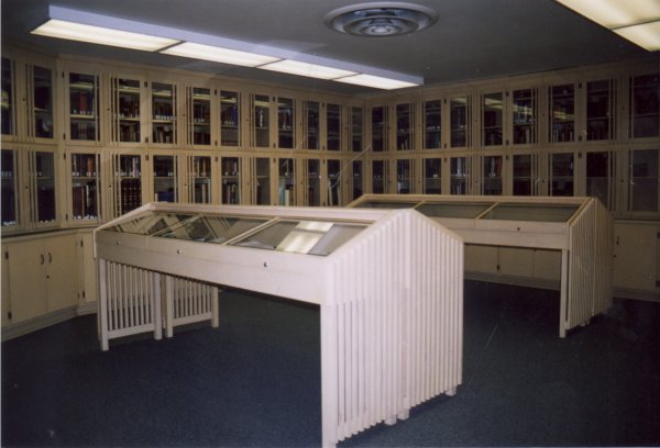 Photo of the valuable books room. I was surprised how consistent the theme of the vertical wooden posts are.