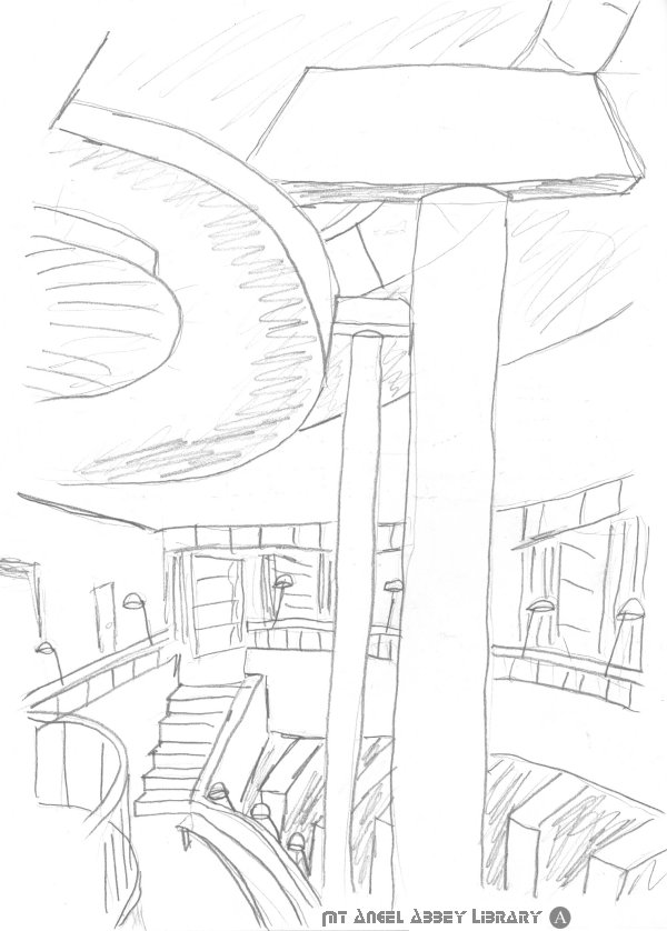 Sketch of point A. This was for my reference and the view was chosen because it captured the main focus of the library which is the skylight and how it filters down into the lower level.