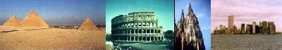 picture shows pyramids, colosseum, church and New York