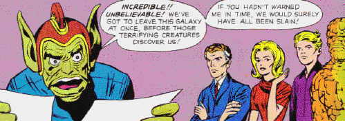 The Skrull commander is fooled by cheap comics.