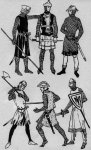 Six differing soldiers, most wearing a surcoat, English Costume of the Early Middle Ages, Iris Brooke, page 87