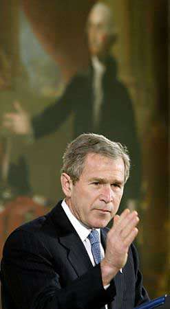 President George W. Bush addresses the White House Conference on Preparing Tomorrow's Teachers in the East Room of the White House March 5, 2002. Seeking to quell criticism that Democrats were kept in the dark about the administration's shadow government that was activated following Sept. 11, the White House briefed Senate Majority Leader Tom Daschle about the program. Photo by Kevin Lamarque/Reuters