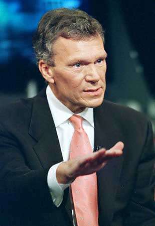 Senate Majority Leader Tom Daschle (D-SD) failed to win unanimous consent from colleagues March 5, 2002 to move toward final congressional approval of sweeping legislation to reduce the influence of money in politics. Daschle is seen on Fox News Sunday in Washington, March 3. (Freddie Lee/Reuters)